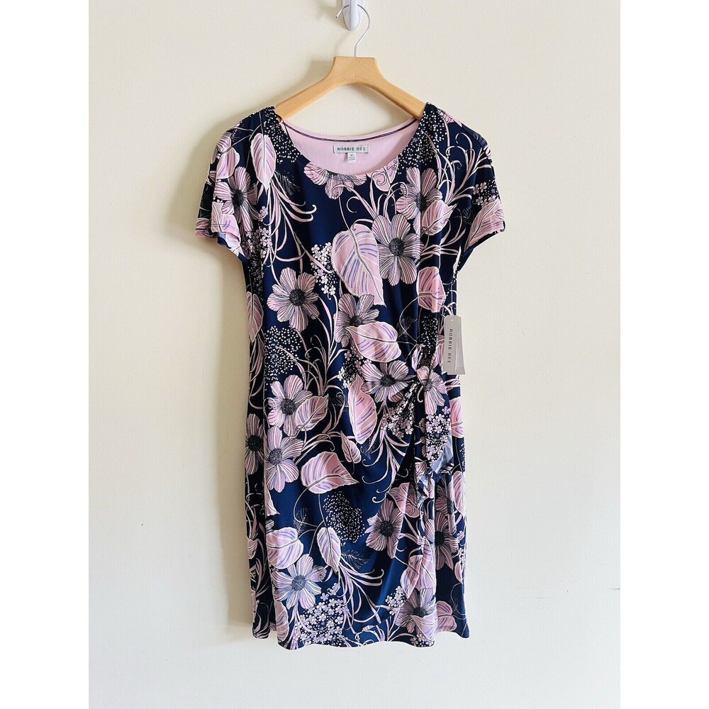 Robbie Bee Womens Size M Faux Wrap Dress Navy Pink Floral Stretch Casual‎ NWT